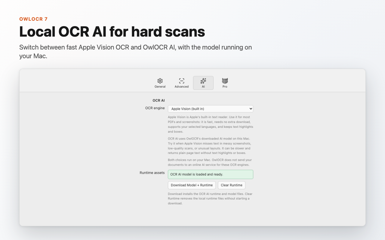 OwlOCR 7 OCR AI settings showing local model management