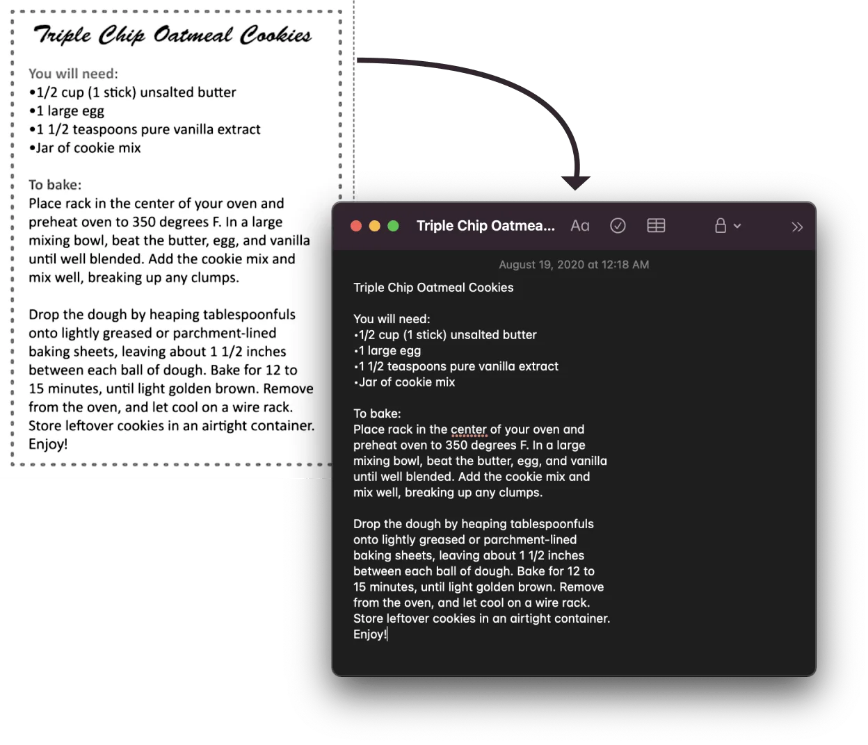 A scanned recipe beside text copied into a Mac note with OCR