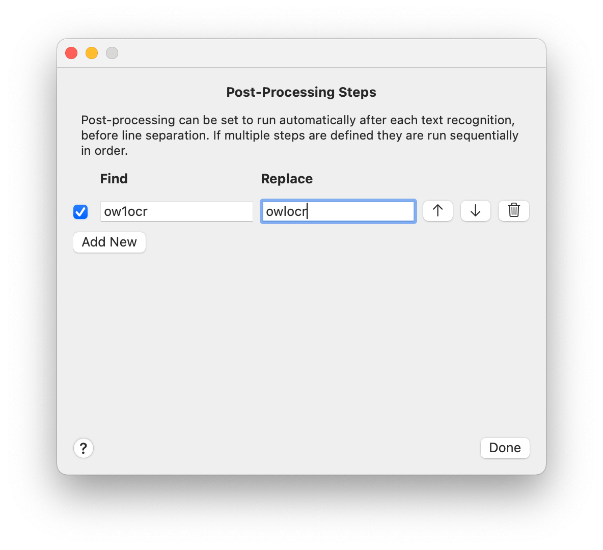 OwlOCR post-processing rules window with a find-and-replace example
