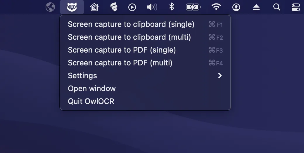 OwlOCR menu showing single and multi-screen capture options on a Mac